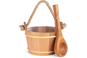 NetLea 6L-1.6Gal Cedar Wood Sauna Bucket and Ladle Set, Handmade Wooden Sauna Bucket with Ladle, 14.5″ Sauna Ladle,Premium Pine Sauna Accessories Kit for Steam Sauna, Natural Wooden Bucket for Sauna
