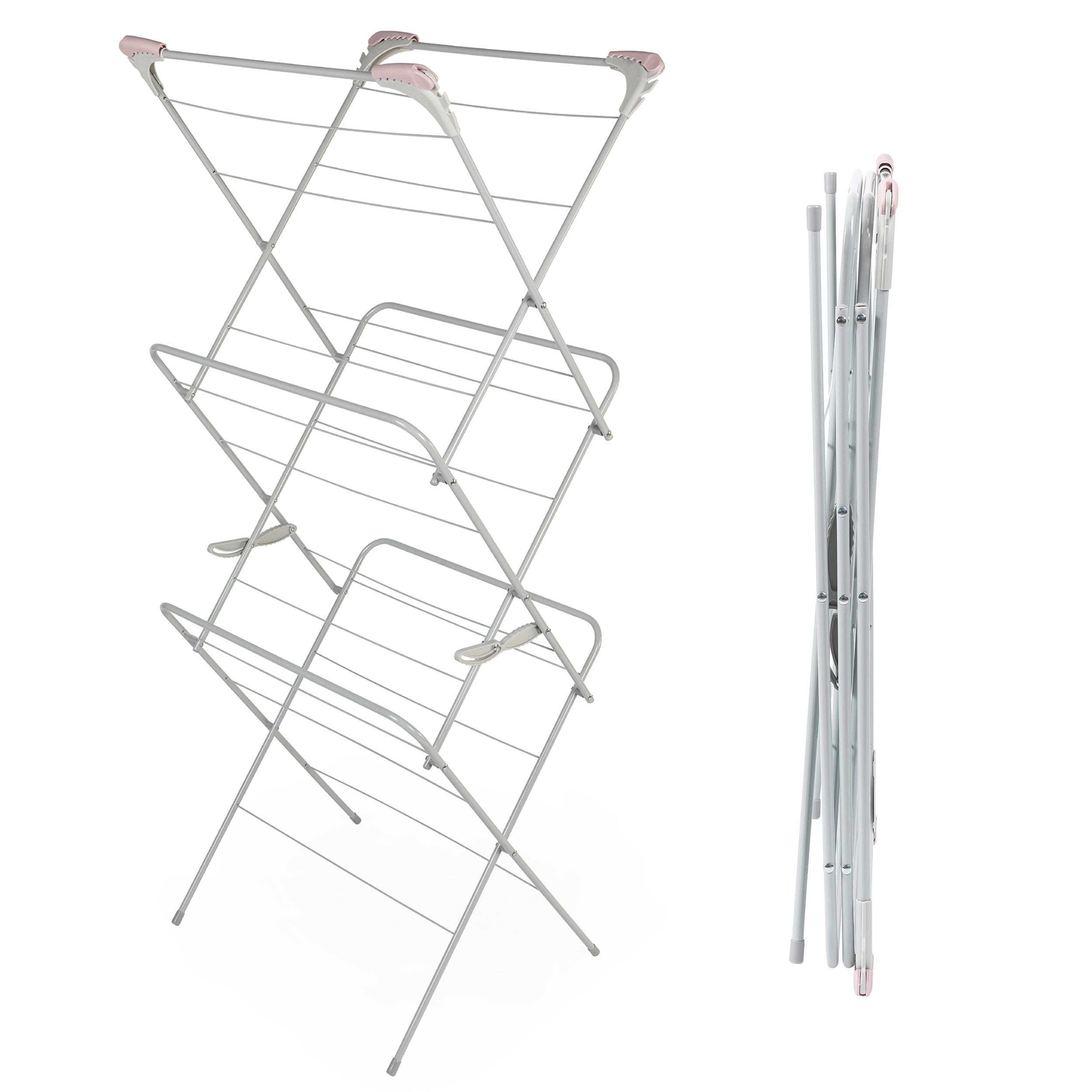 Russell Hobbs LA083357PINKEU7 Laundry Airer – 3 Tier Indoor Drying Rack, Folding Clothes Horse, Large 15M Air Dryer Space, Collapsible Compact Storage, Standing Rack, Fold Out Hanger Hooks, Pink/Grey