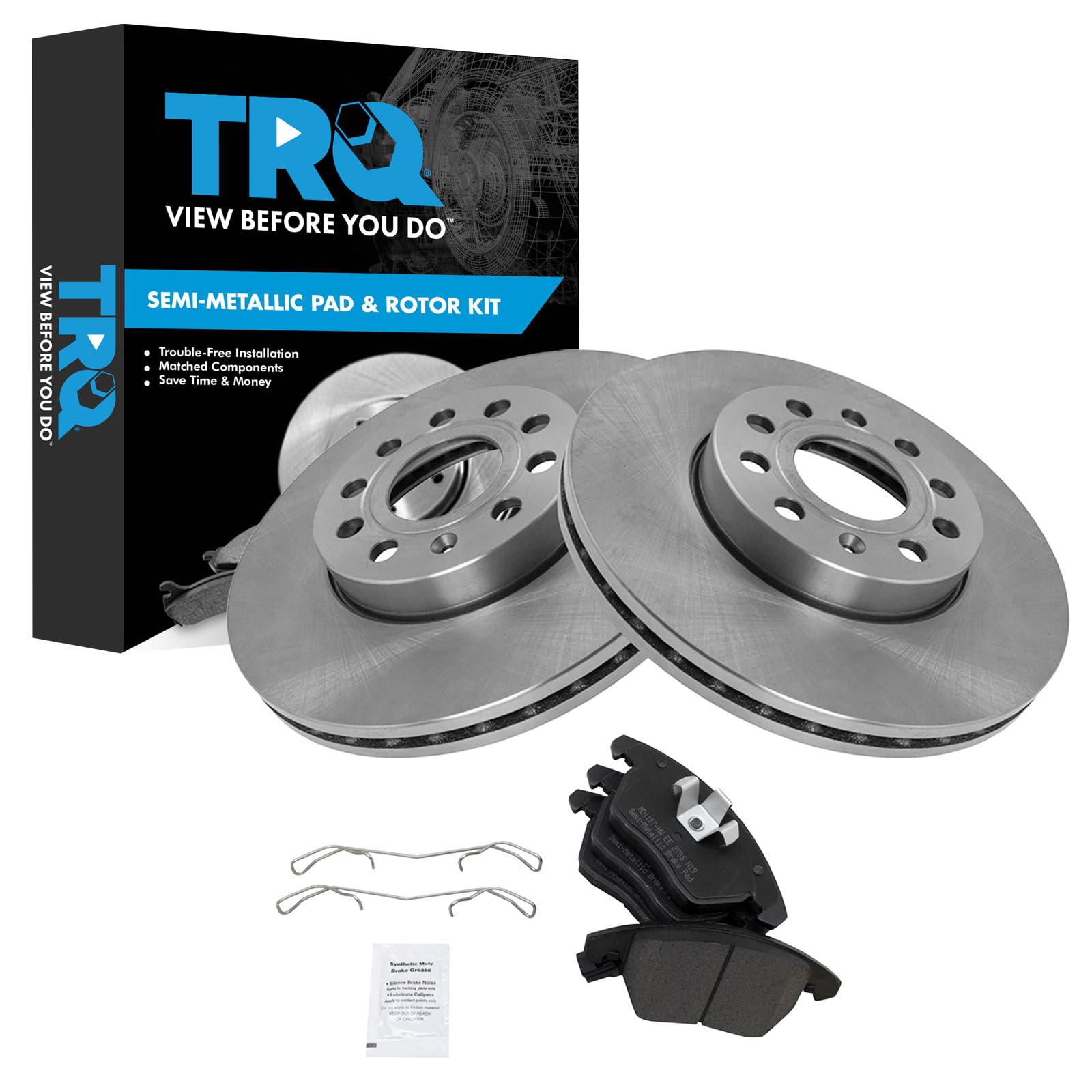 TRQ Front Metallic Brake Pad & 2 Rotors Set Kit for A3 VW Rabbit Jetta Golf Image TRQ Front Metallic Brake Pad & 2 Rotors Set Kit for A3 VW Rabbit Jetta Golf Image