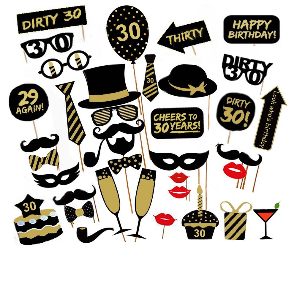 Veewon 30th Birthday Party Photo Booth Props Unisex Funny 36pcs DIY Kit Suitable for His or Hers 30th Birthday Celebration Photobooth Prop