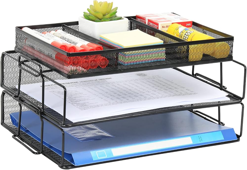 EasyPAG 2 Tier A4 Mesh In Trays Desk Tidy Stackable File Holder Black
