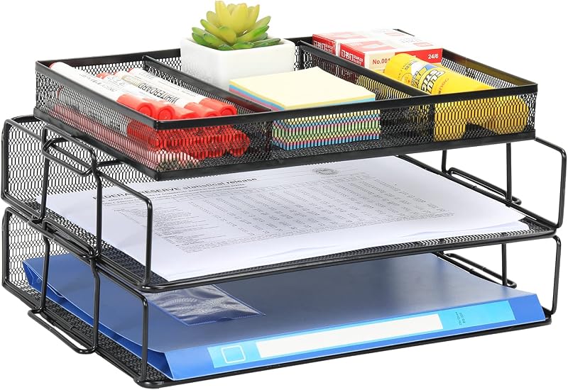 EasyPAG 2 Tier A4 Mesh In Trays Desk Tidy Stackable File Holder Black