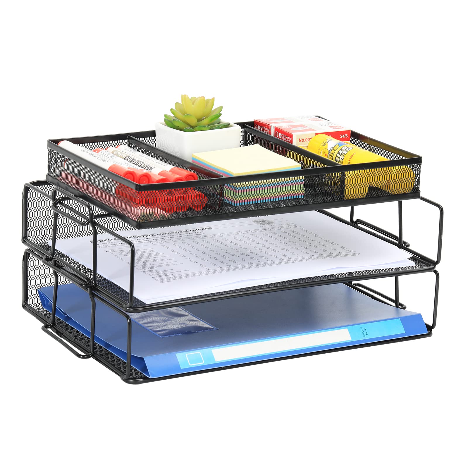 EasyPAG 2 Tier A4 Mesh in Trays Stackable Office Desk Tidy File Holder Magazine Storage Paper Organiser with Top Stationery Holder,Black