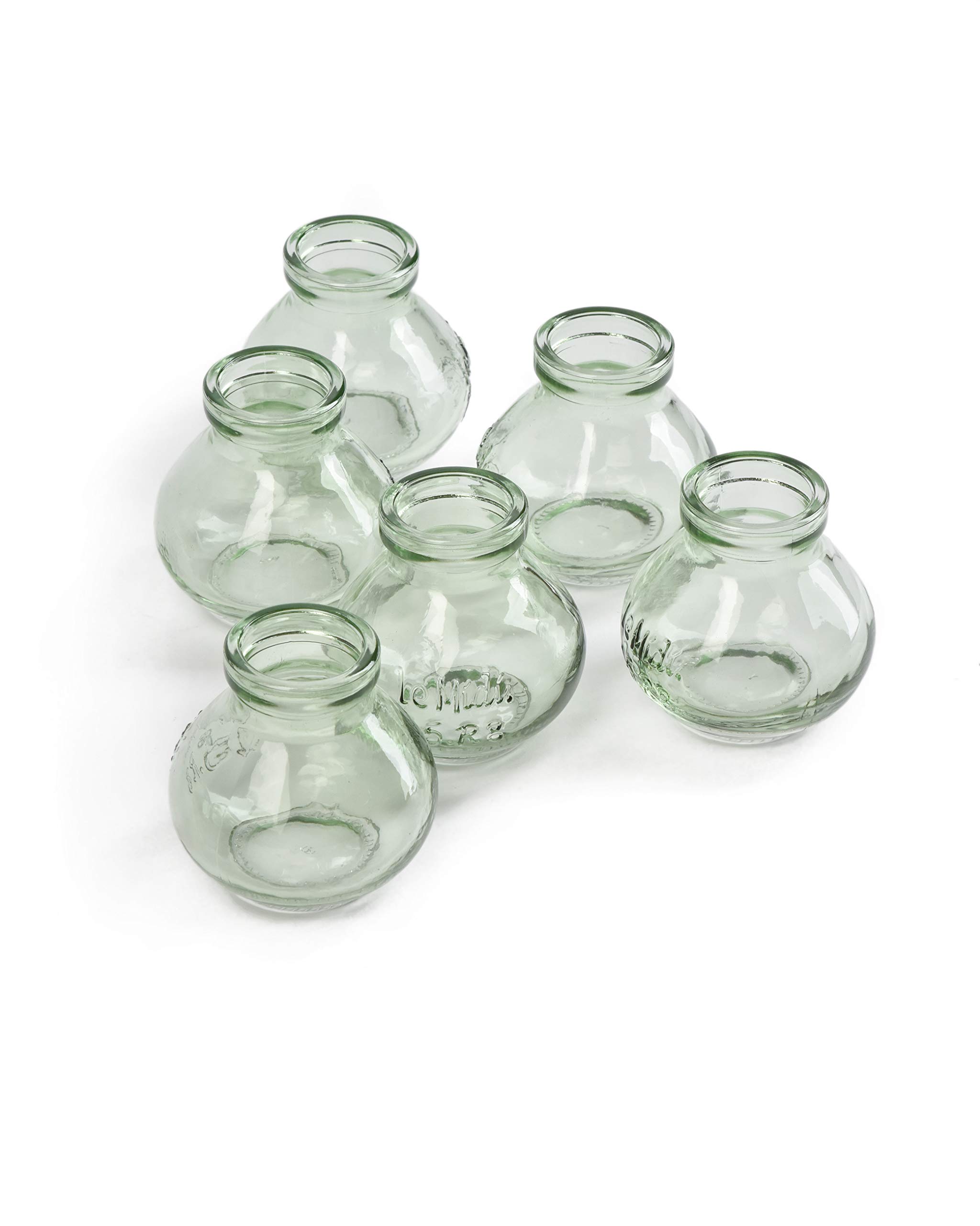 Serene Spaces Living Mini Green Glass Le Midi Bell Bud Vase, Centerpiece for Wedding Reception, Mini Flower Vases for Home Decor, Vintage Bottle Style Vase, Measures 2.75" Tall & 2.75" Diameter