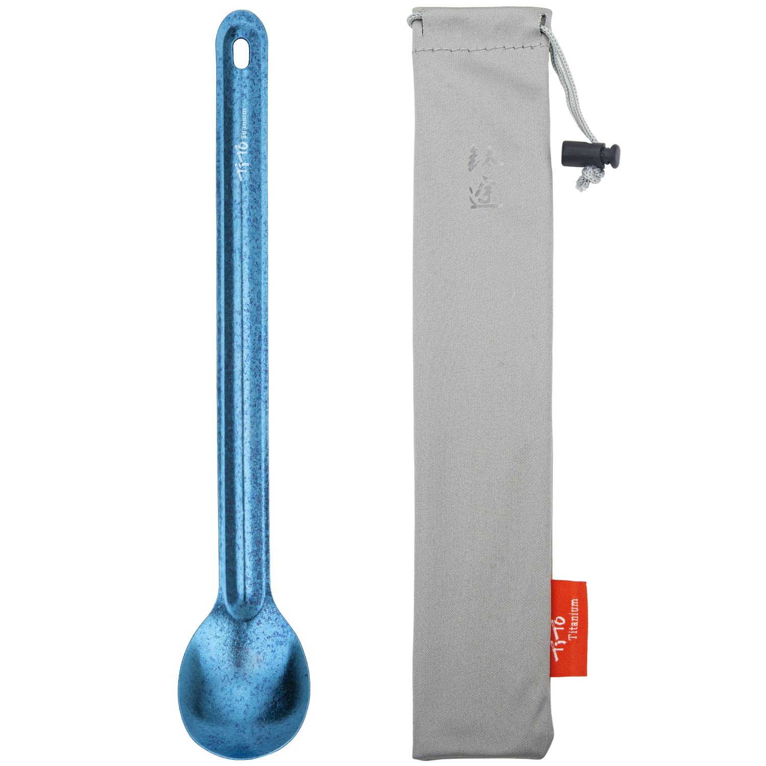 TiTo Titanium Long Handle Spork and Spoon Eco-Friendly Ultralight Portabale Flatware for Outdoor Camping Backpacking Hiking Travel Picnic Tableware with Bag(Blue Spoon)