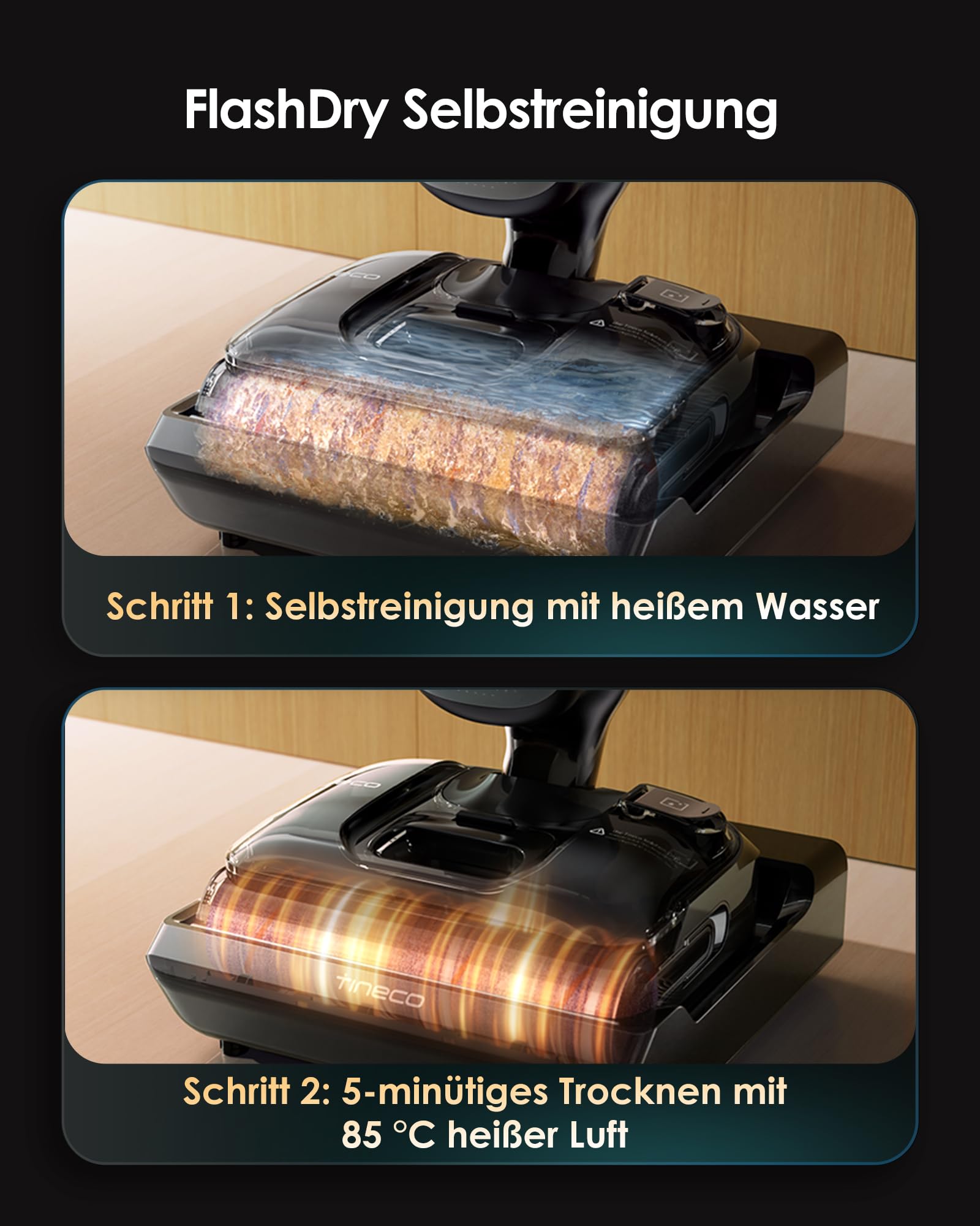 Tineco Floor One S7 Artist Nass Trockensauger, 22kPa Nasssauger, DualBlock Anti-Tangle-Design, 85°C Flashdry, 50 Min Laufzeit, Beidseitige Reinigung, 180° Lay-Flat Staubsauger für Hartböden Tierhaare 4