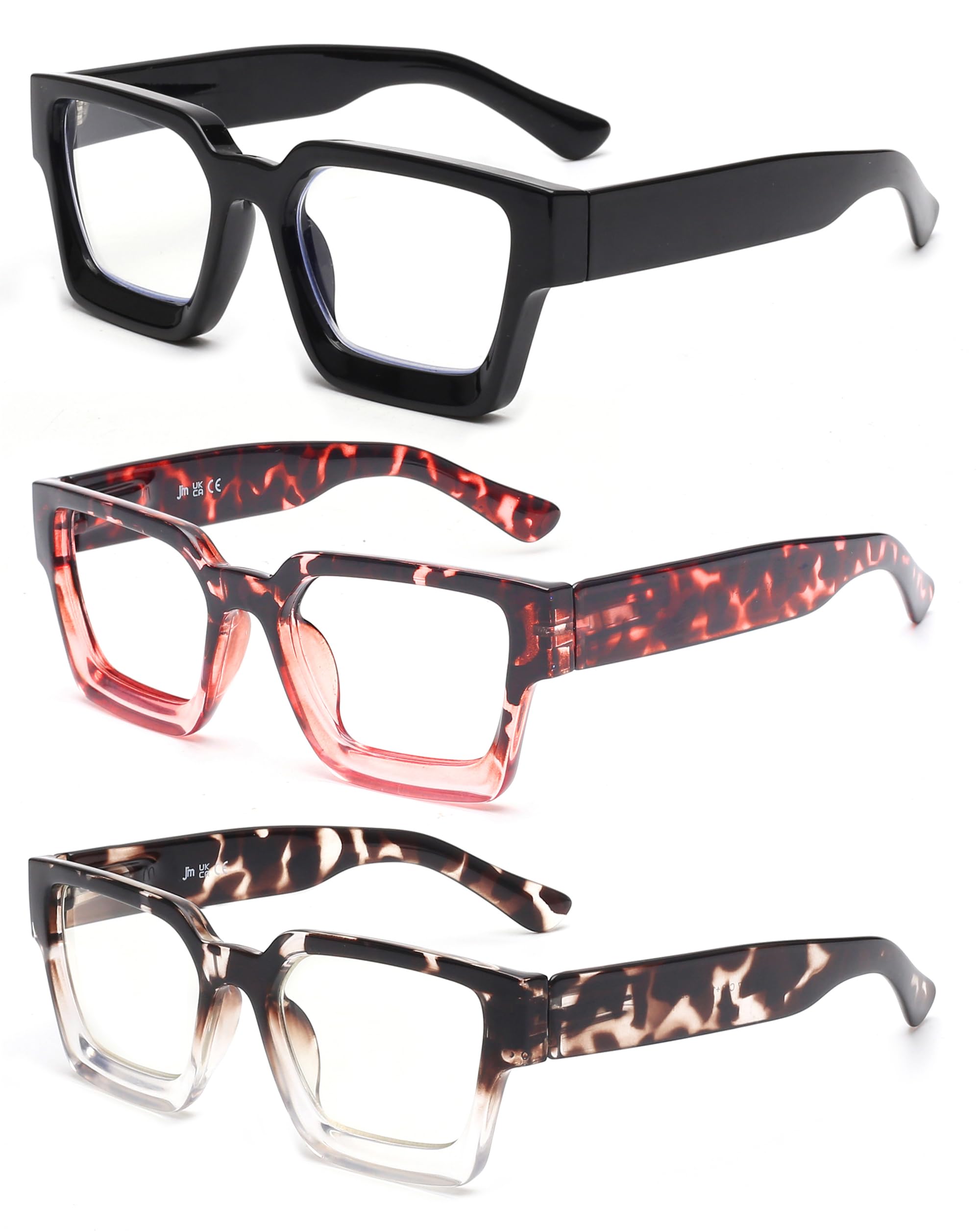 JM 3 Pack Square Reading Glasses for Women Men, Oversized Rectangle Spring Hinge Readers Blue Light Blocking +3.75 — image 1