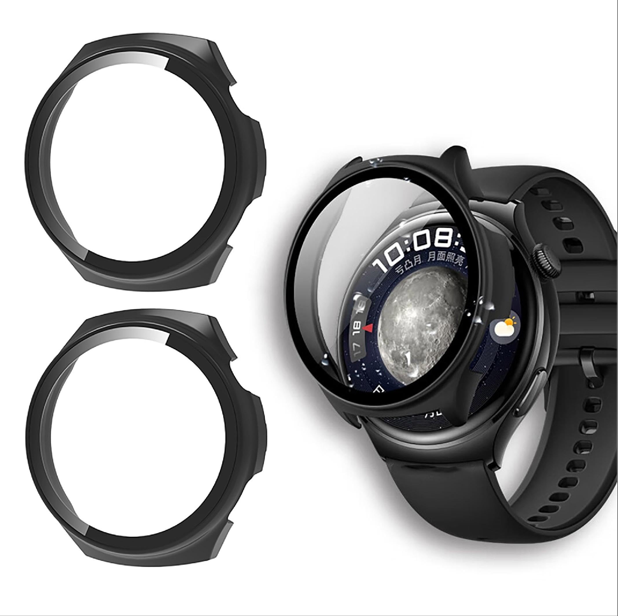 GIOPUEY [2 PACK Case Compatible with Huawei Watch 4, Glass Protective Film + Hard Plastic Bezel, Huawei Watch 4 Cover - black+black