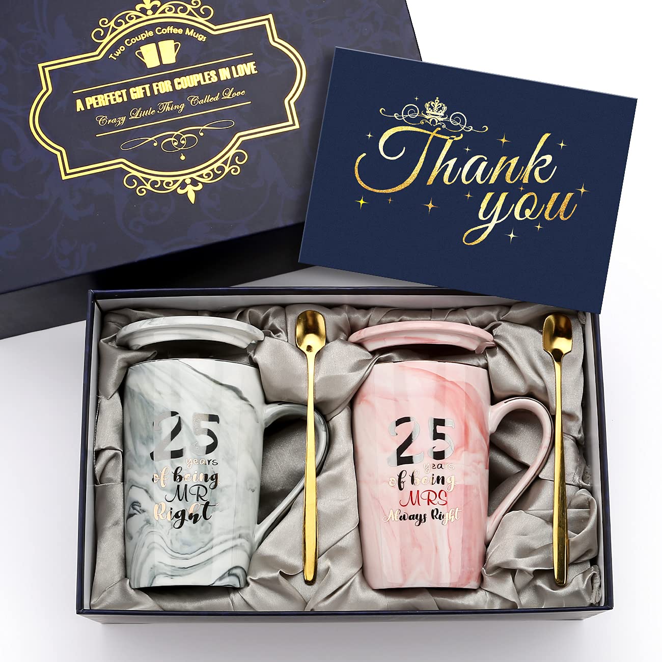 25 Years of Being Mr Right and Mrs Always Right Wedding G-i-f-t-s for Couple Parents Grandparents-Ceramic Coffee Cup Christmas Mugs Set, Anniversary-G-i-f-t-s for Him - His and Hers Gifts(14oz)