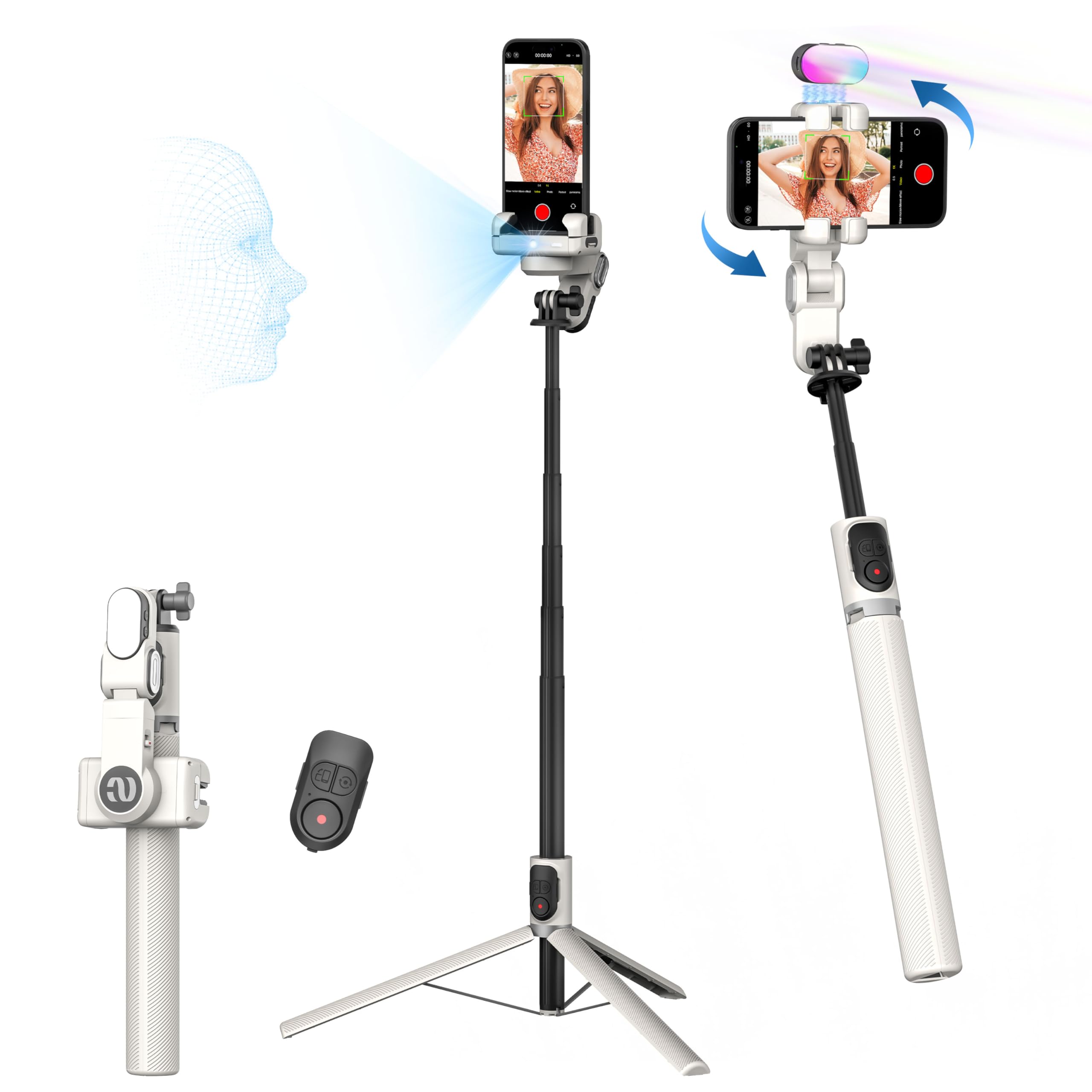 AOCHUAN Cell Phone Tripod for iPhone Android with Auto Face Tracking 360° Rotation, Smartphone Gimbal Stabilizer for Video Recording,Selfie Stick Tripod with Remote,RGB Light for TikTok(M2Pro White)