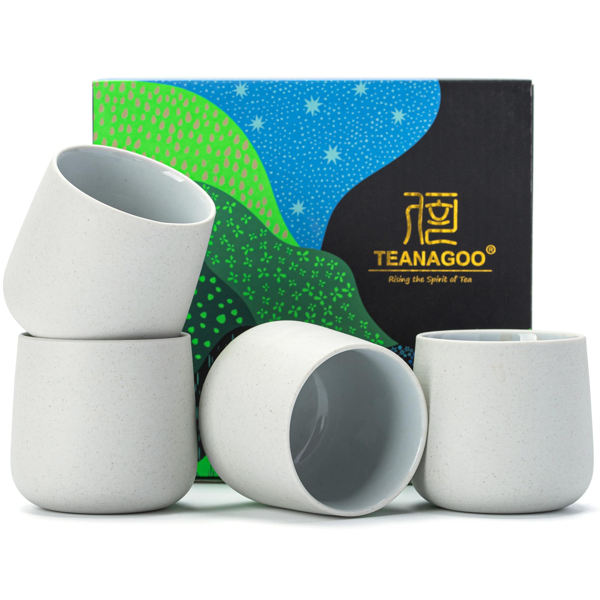 TEANAGOO Ceramic Japanese Tea Cup, 4 Pcs/box, Occupied Japan Cups, Chinese Cup, Asian Cups no Handles，Lt.Grey（7.2oz / 205 mlx 4）