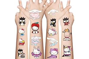 FCELERY 10 Sheets Sanrio Temporary Tattoos Stickers for Kids Hello Kitty MyMelody Kuromi Temporary Tattoos Stickers Cute Cartoon Birthday Themed Party Supplies Decoration Favors Cartoon Sticker for Kids Teens