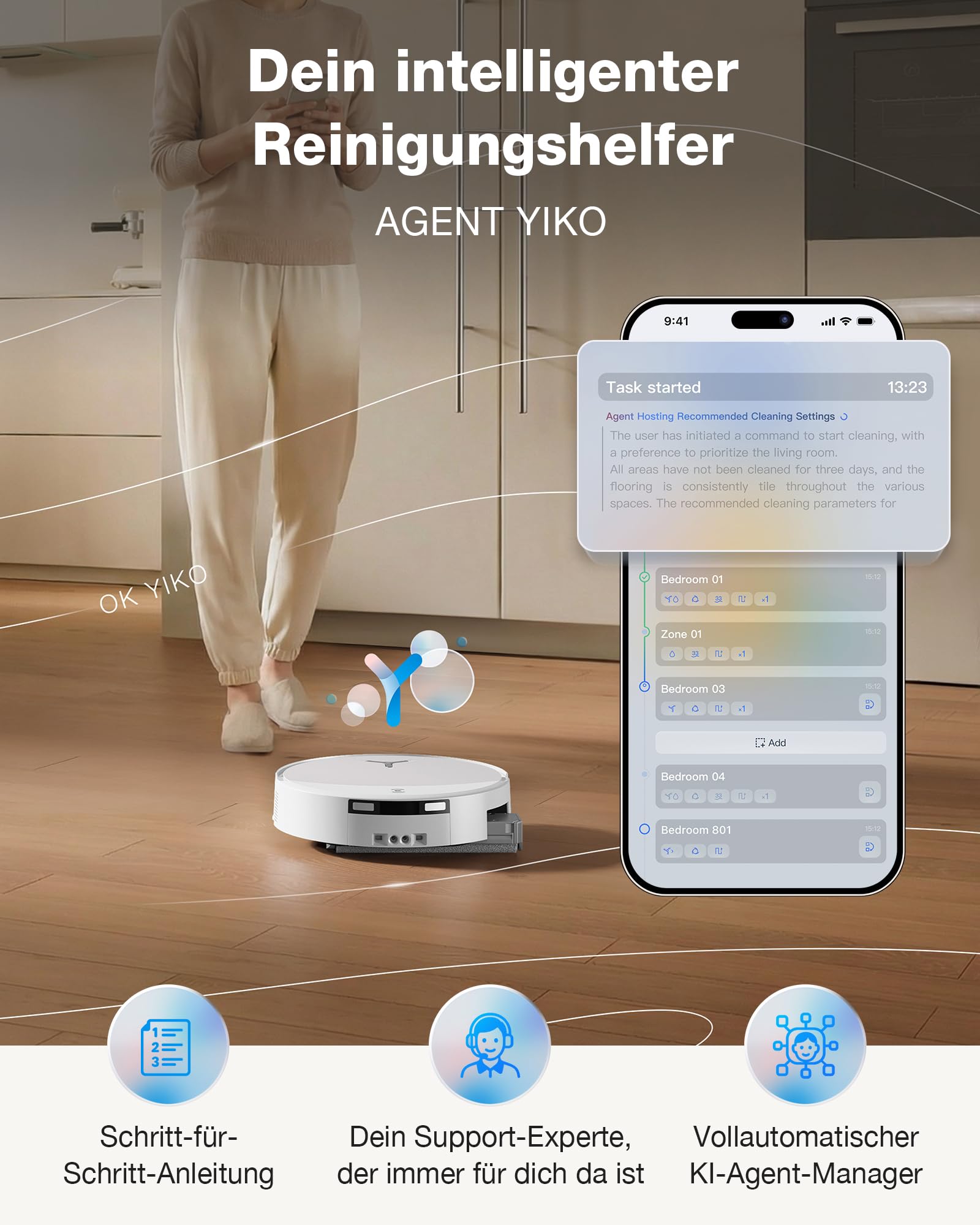 ECOVACS DEEBOT T90 Omni Saugroboter mit Wischfunktion, Roboterstaubsauger 30.000 Pa, OZMO-Roller 3.0, Triple Lift, TruePass 4WD, AIVI 3D 4.0, Haustierpflege, Frischwasser-Hochdruckreinigung, Weiß 8