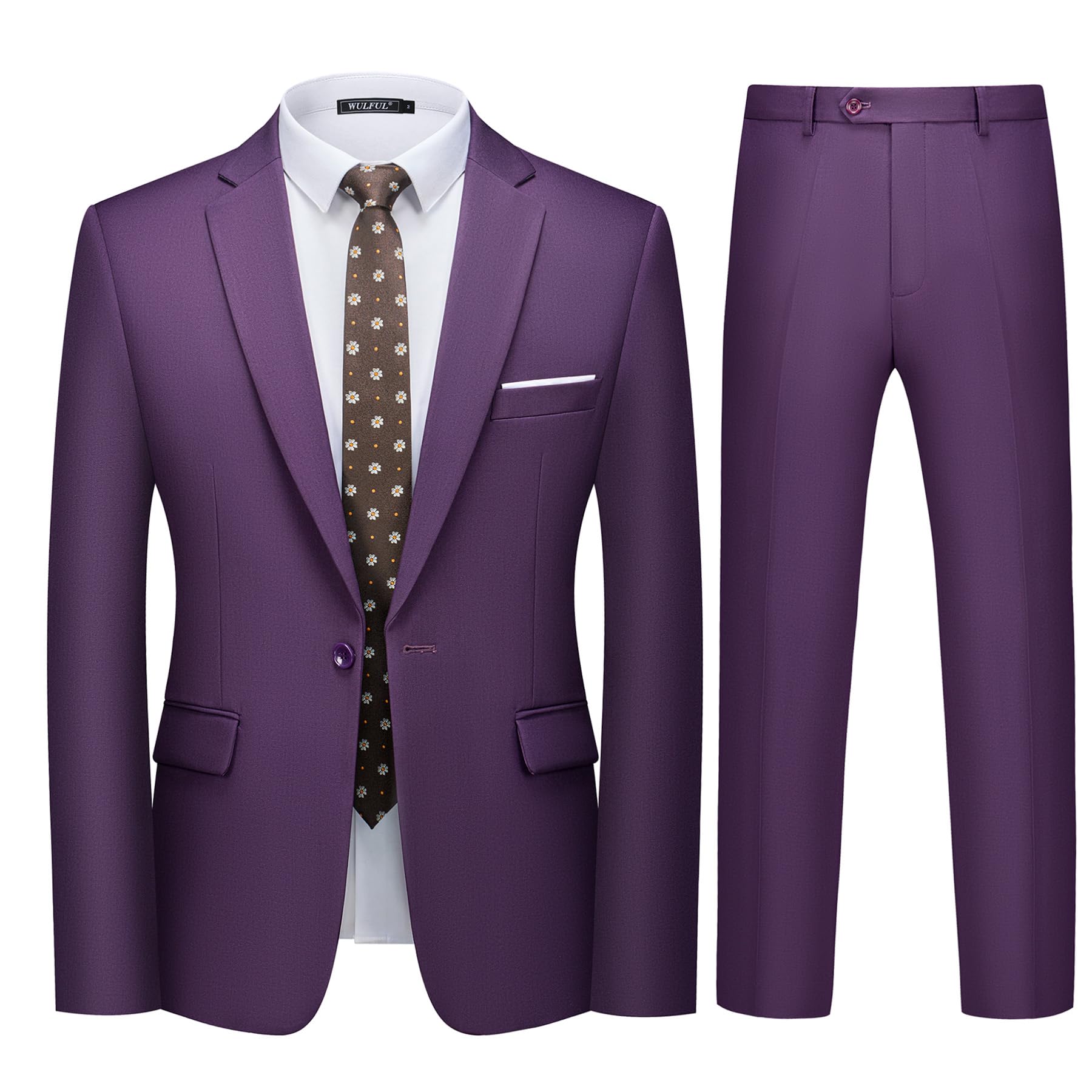 WULFUL Men's 2 Piece Slim Fit Suit Set One Button Blazer Jacket Pants Tuxedo Set for Party, Wedding and Business Purple Image