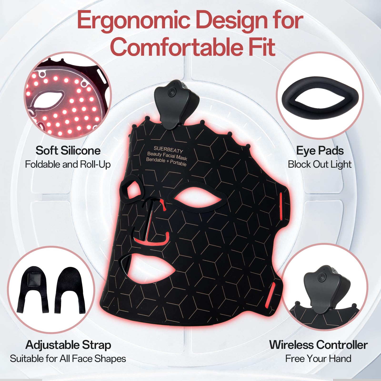 SUERBEATY Red Light Mask - 7 Colors Red Light Mask for Face, Facial Skin Care Mask at Home, Cordless, Ergonomic Design and Rechargeable for Home - Black
