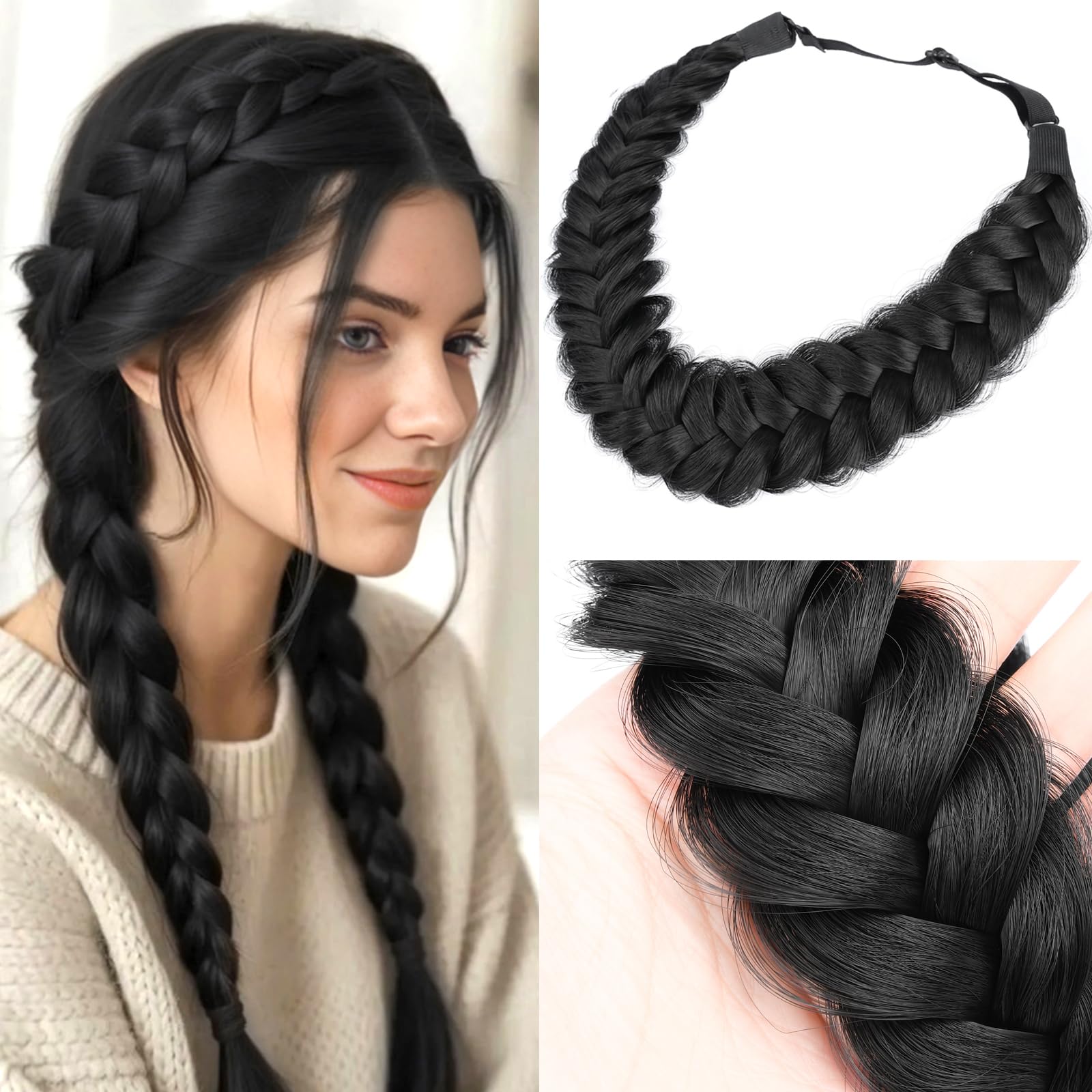 Gledola Messy Synthetic Hair Braided Headband Classic Chunky Wide Plaited Headband for Women Girl Beauty (Natural Black) — image 1