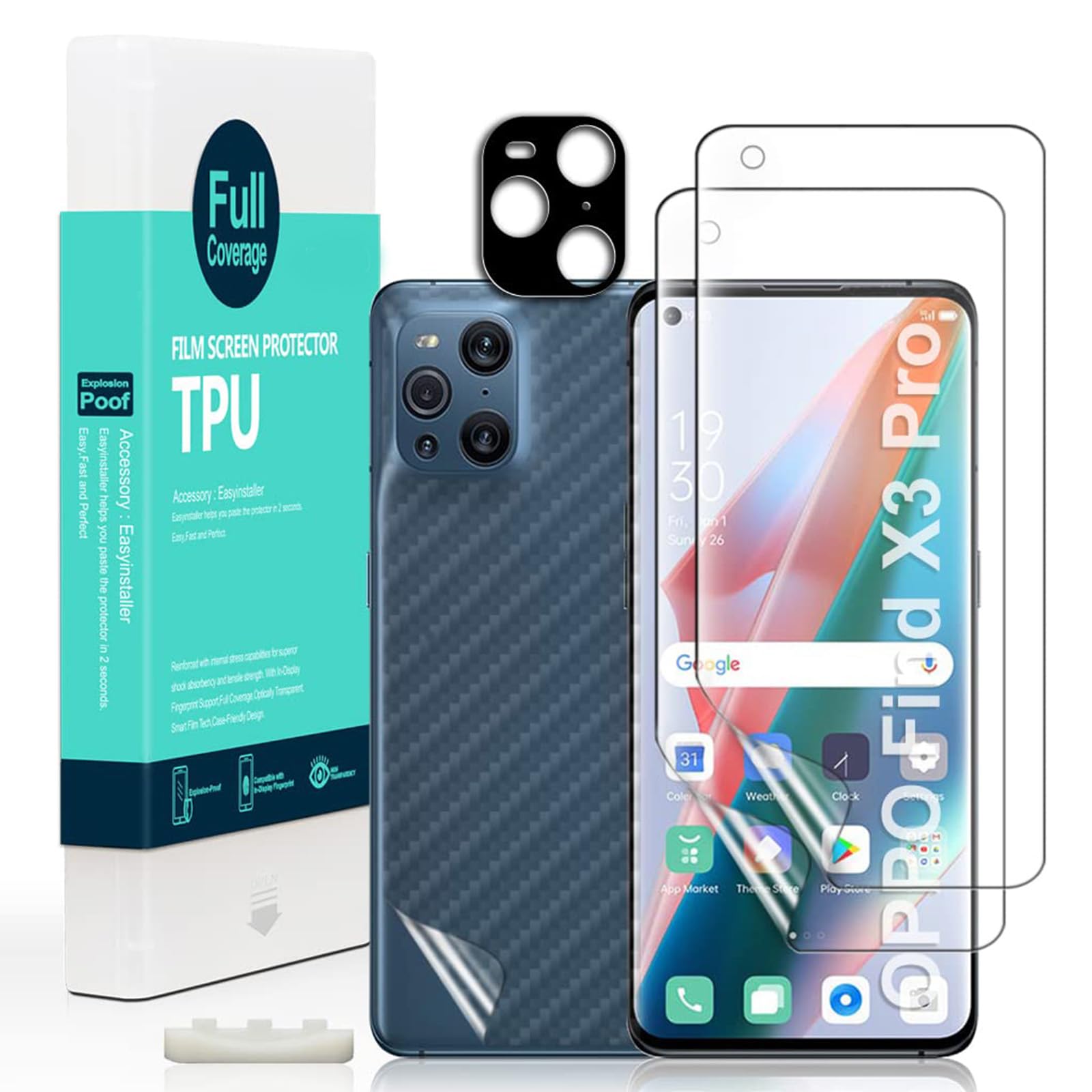 Ibywind Screen Protector For OPPO Find X3 Pro 5G 6.7",with 2Pcs Flexible TPU Film,1Pc Camera Lens Protector,1Pc Backing Carbon Fiber Film [Fingerprint Reader,Easy to install]