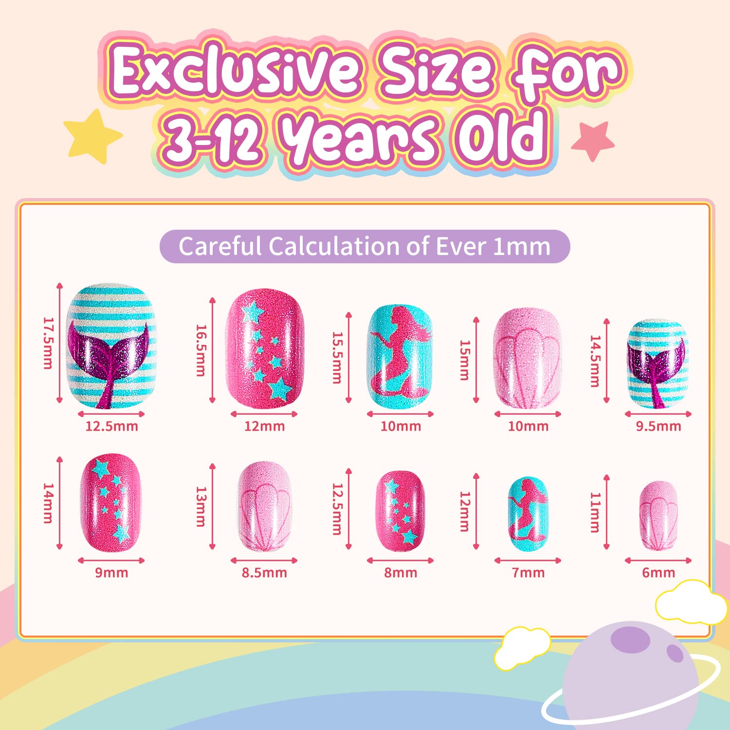 Modelones Press on Nails for Kids 144Pcs 6 Pack Children Acrylic Fake Nails Pre-glue Full Cover Glitter Gradient Color Mermaid Beach Short False Nail Art Kits Sets Easter Gifts for Kids Girls - Image 7