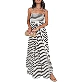 Women Striped Maxi Dress Smocked Backless Spaghetti Strap Long Flowy Dress Sleeveless Boho Aline Sundress