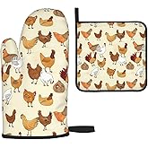 A Brood of Chickens Oven Mitts and Pot Holders Sets,Heat Resistant Non Slip Kitchen Gloves Hot Pads with Inner Cotton Layer for Cooking BBQ Baking Grilling