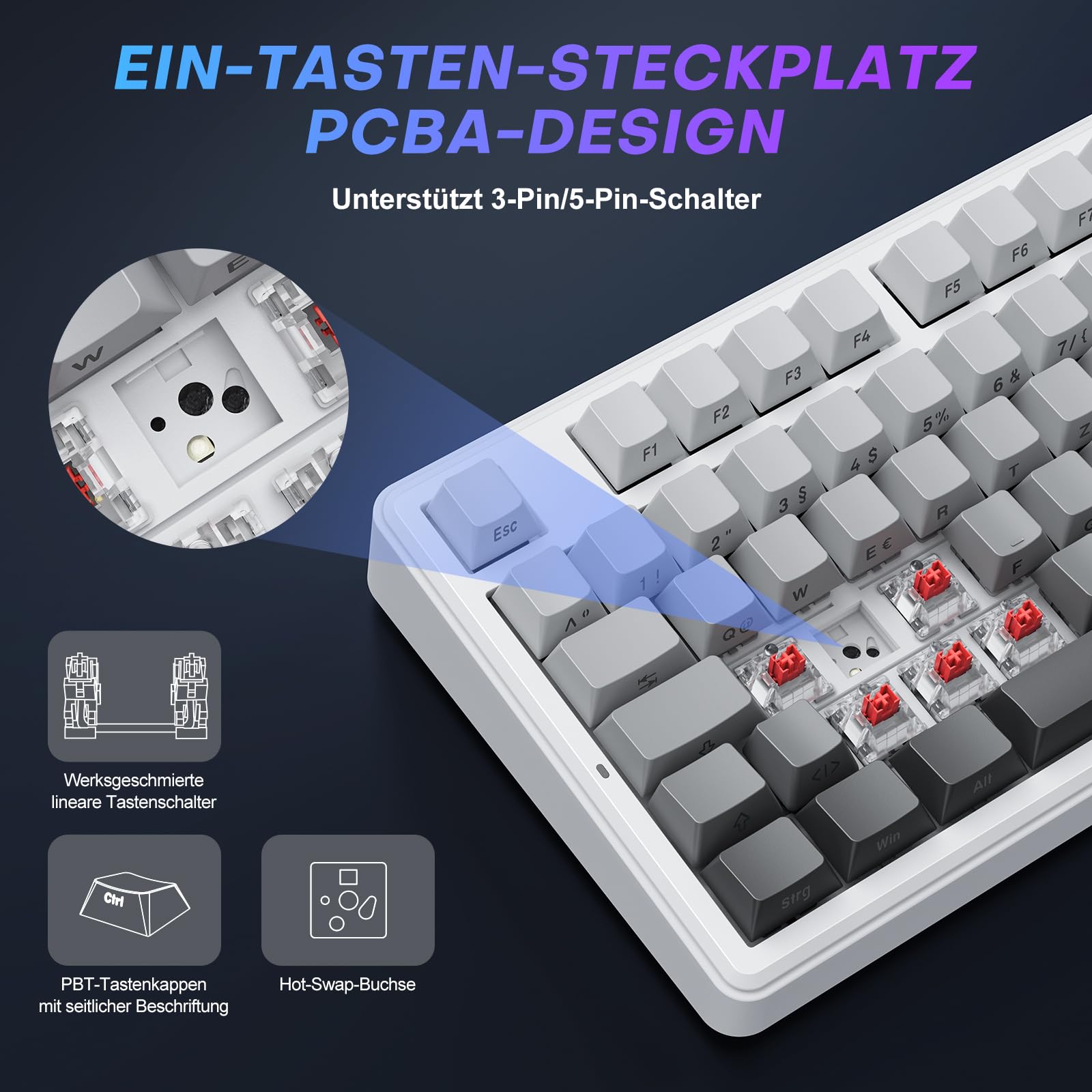 TECURS 75% Gaming Tastatur Kabellos, DREI-Modus 2.4GHz/BT5.0/Type-C RGB Rote Schalter Mechanische Tastatur, Hot Swap, Seitliche Gravur PBT-Tastenkappen mit Drehknopf, QWERTZ (Gradient Grau) 6