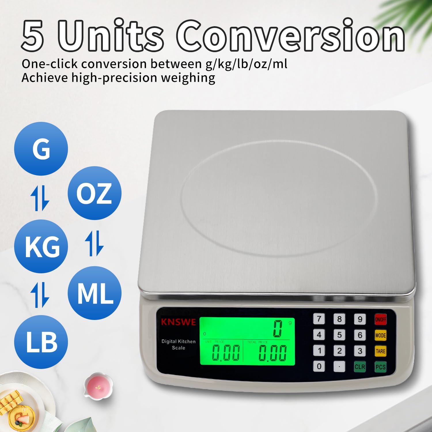 KNSWE Küchenwaage Digital Groß 40kg 1g waage küche Edelstahl 5 Maßeinheiten 3