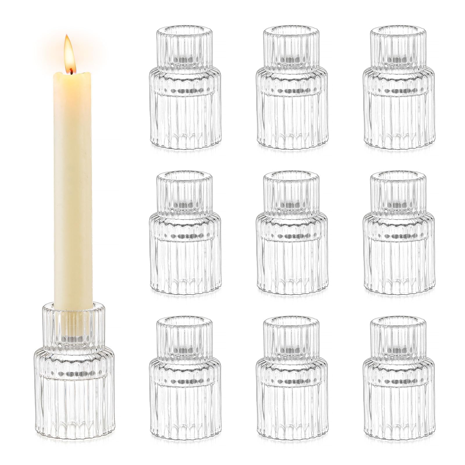 Romadedi Glass Candle Holder for Candlestick - 10Pcs Clear Small Tapered Wedding Christmas Decor Bulk for Candle Sticks Party Table Living Room Dinner Advent Gift Centrepiece Decoration