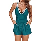 Smismivo Mesh Swim Romper for Women Tummy Control One Piece Swimsuit with Shorts and Pockets Slimming V Neck Bathing Suit