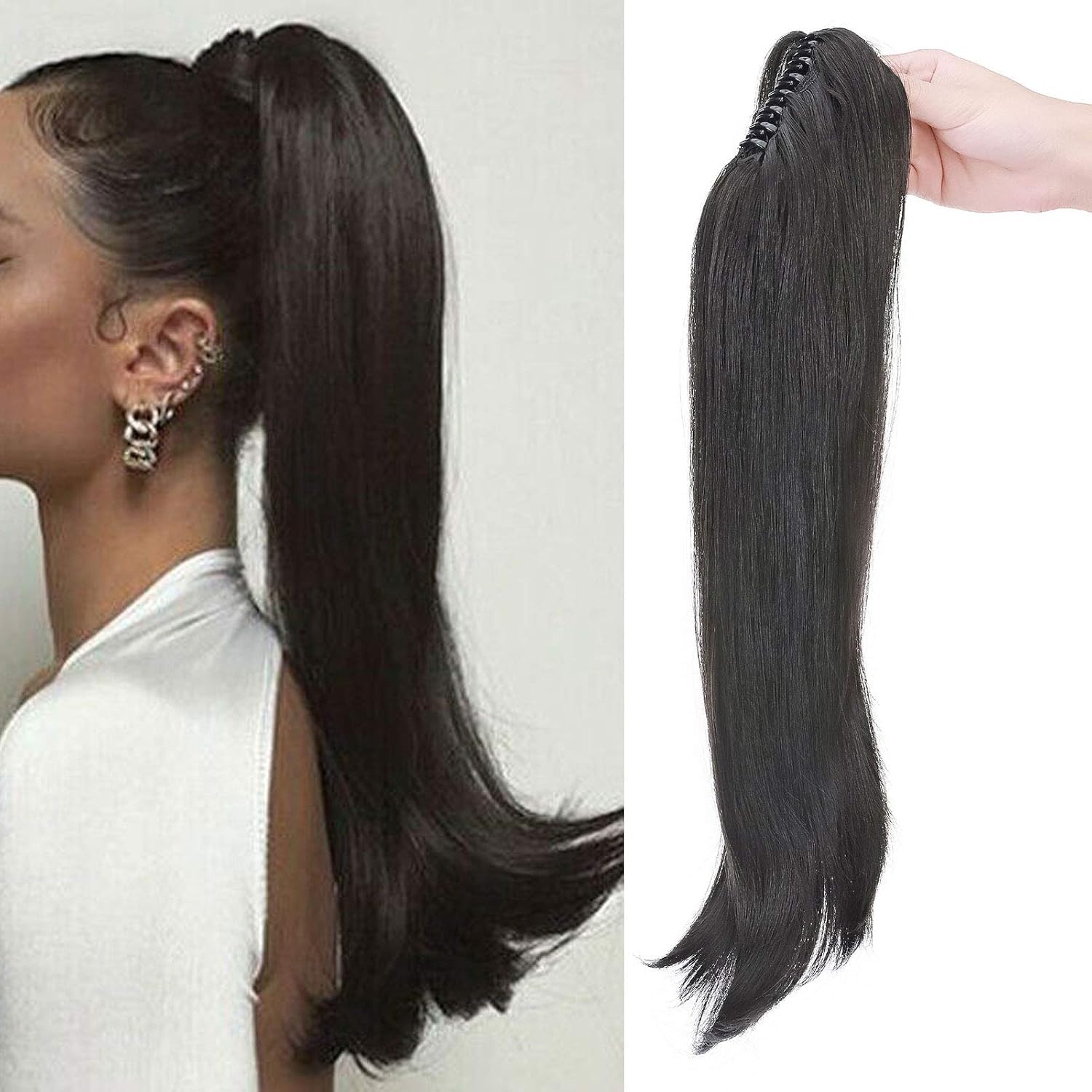 22" Ponytail Extension Long Curly Ponytail Hairpiece Clip in Claw Hair Extensions Natural Looking for Women Natural Black