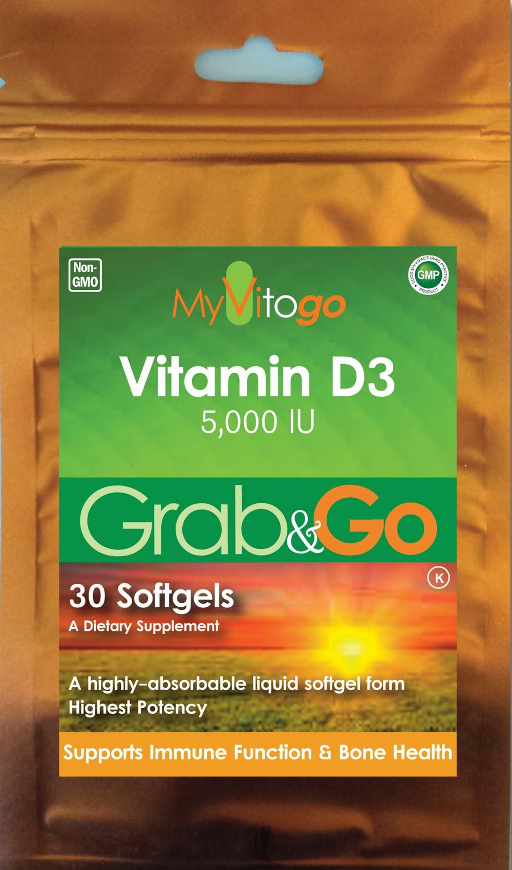 Vitamin D3 5,000 IU | Grab+Go Packs from MyVitogo | 30 Softgels in Our Popular and Convenient Zip-Pouches