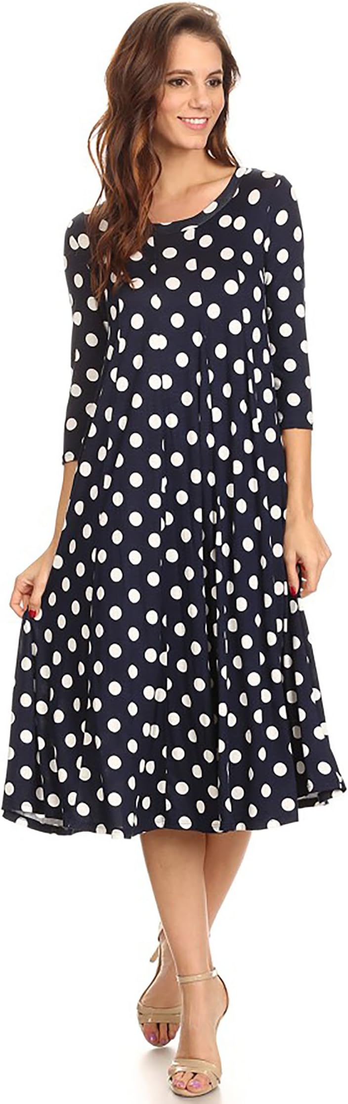 Women's Solid Print Casual Basic Comfy 3/4 Sleeve A-line Midi Dress/Made in USA