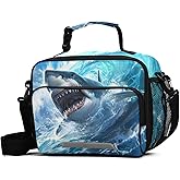 BOENLE Shark Blue Ocean Wave Lunch Box for Boys Girls Insulated Lunch Bag Kids Cooler Tote Shoulder Strap Reusable School Picnic Travel