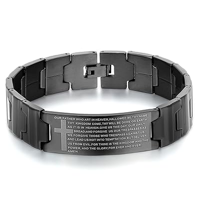 JewelryWe Herren-Armband aus Edelstahl mit Kruzifixmotiv und Gebetsspruch auf Englisch, Farbe: Schwarz, inkl. Geschenkbeutel