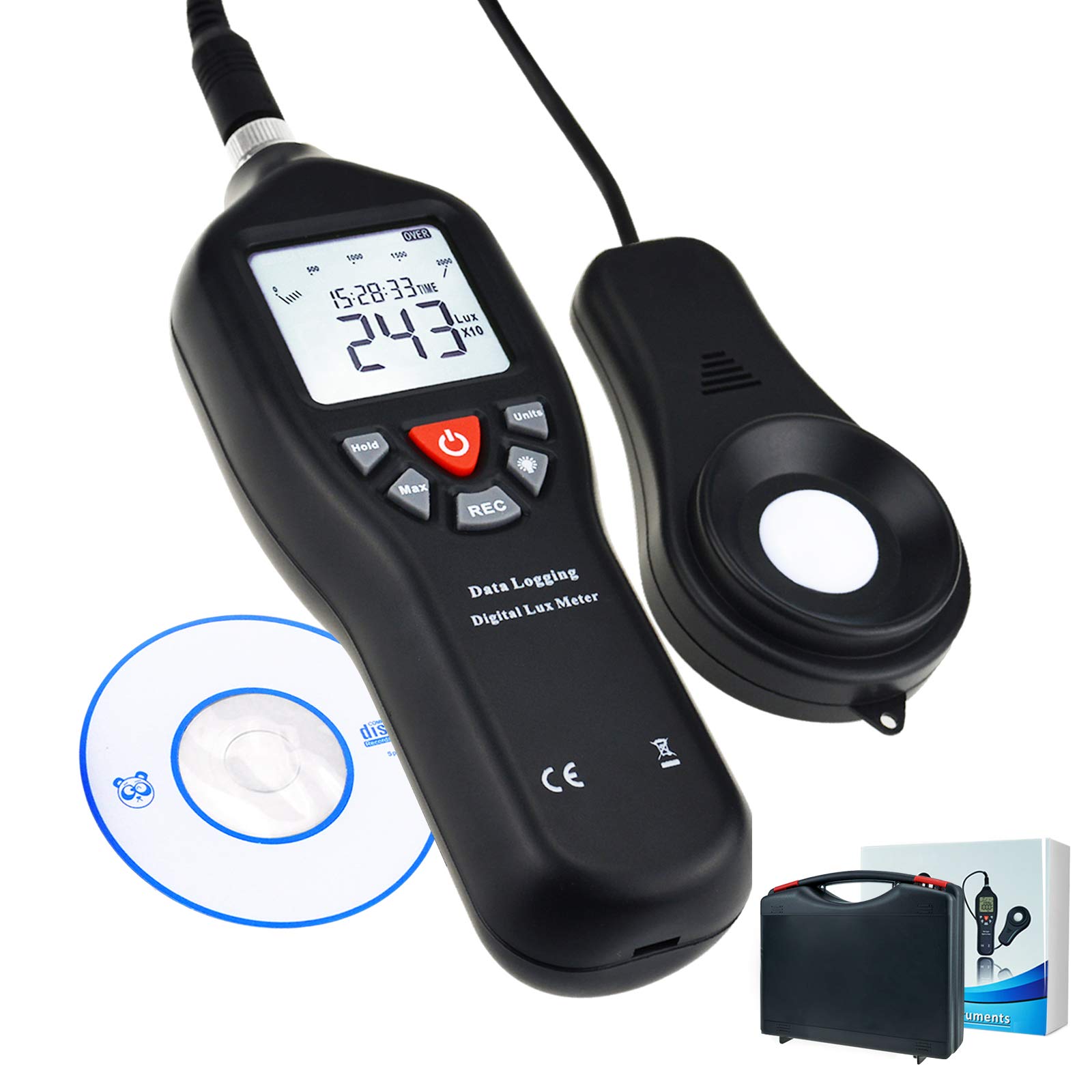 Digital Light Lux Meter with Data logging Function Measurement Range 0 to 200,000 Lux Auto Ranging Instrument Detachable sensors used in the home, light pollution outdoors,