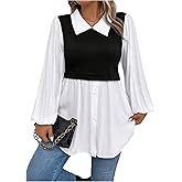 OYOANGLE Women's Plus Size Colorblock Collared Lantern Long Sleeve Button Down Blouses Elegant Office Peplum Shirt Tops