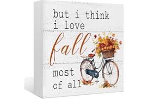 EIONEY Fall Wooden Signs Decor I Love Fall Most of All Bicycle Autumn Harvest Seasonal Wood Box Sign Desk Decor,Rustic Fall Wooden Block Sign for Home Farmhouse Wall Tabletop Shelf Decor 5x5 Inch