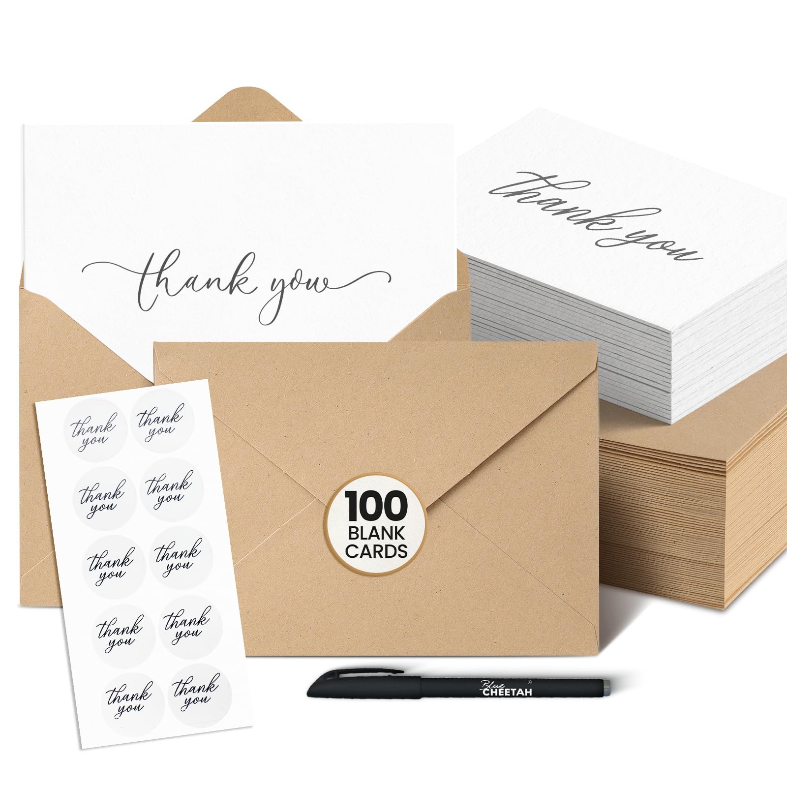 Photo 1 of 100 Pack Thank You Cards with Envelopes 100 Pack - 4x6 Thank You Cards with Envelopes for Baby Shower, Weddings, Birthdays, Graduations and Small Business with 120 Stickers & Free Pen (White & Black)