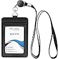 Genuine Leather ID Badge Holder with Retractable Lanyard, Retractable Badge Reel Nylon Lanyard and Vertical ID Card Holder with 1 Card Slot Key Chain for Men Women, Black