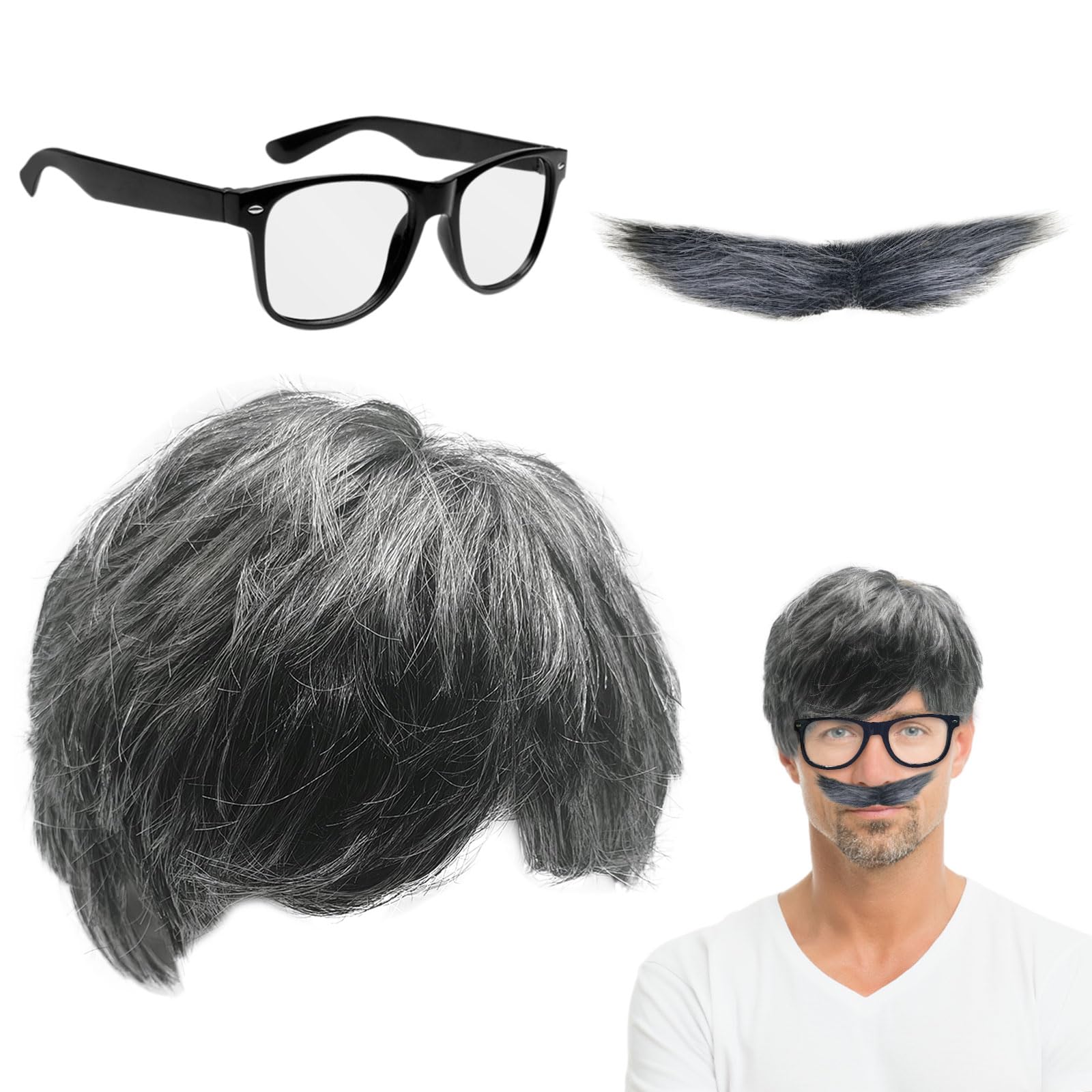 XNIVUIS 3 Pcs Grandpa Wig Set Mens Wig Fake Beard Black Glasses Grandpa Costume Old Man Fancy Dress Gray Wigs for Halloween Carnival Party Cosplay(3 Pcs)