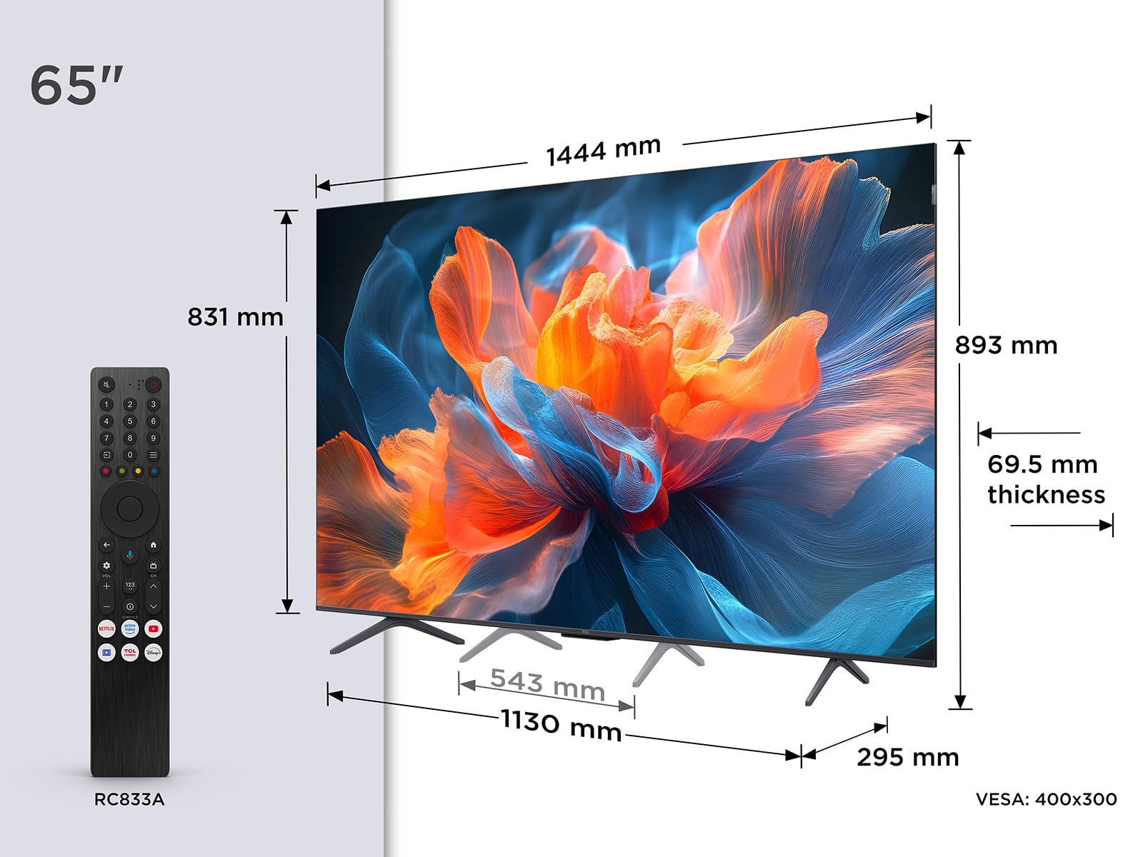 TCL 65T8C 65 Zoll QLED 4K HDR UHD Fernseher, Smart Google TV Dolby Vision & Atmos, 144Hz Motion Clarity Pro, Game Bar, ALLM, FreeSync, Onkyo 2.1 Sound, Sprachsteuerung, Kompatibel mit Google Assistant 2