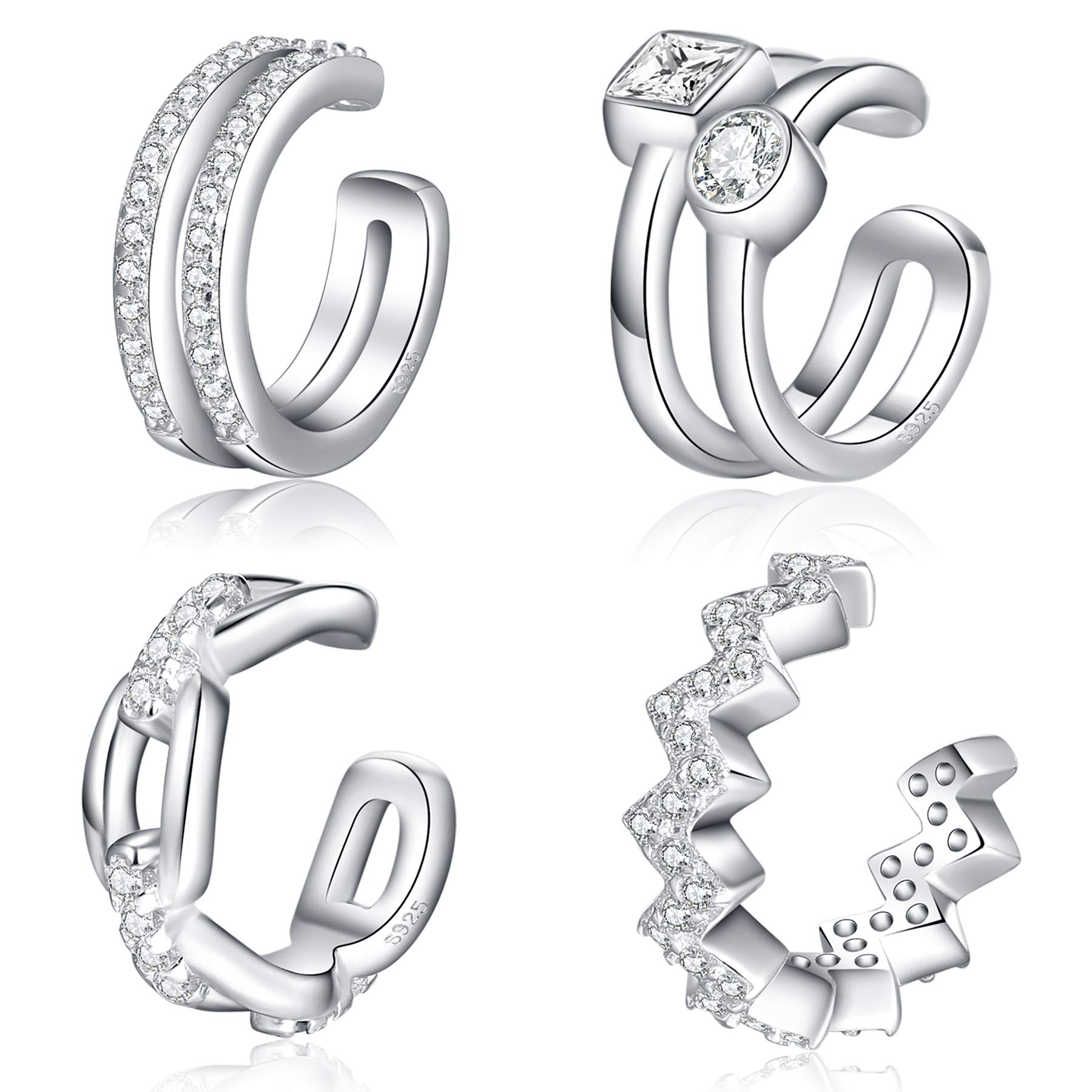 Ear Cuffs 925 Sterling Silver CZ Fake Ear Cuffs for Women Non-Piercing Ear Conch Clip on Cartilage Earrings | 4 Various Styles