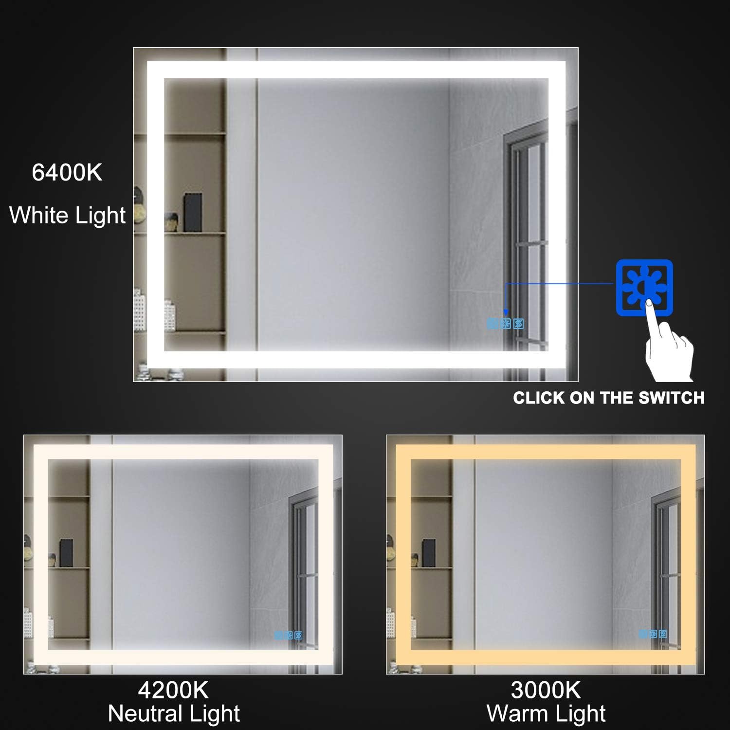 YRSHA 48×36 Inch LED Bathroom Vanity Mirror, Wall Mounted Backlit Mirror with Lights, Anti-Fog Separately Control,Dimmer Function, Three Color Lights,IP44 Waterproof, CRI>92(Vertical & Horizontal)…: Kitchen & Dining
