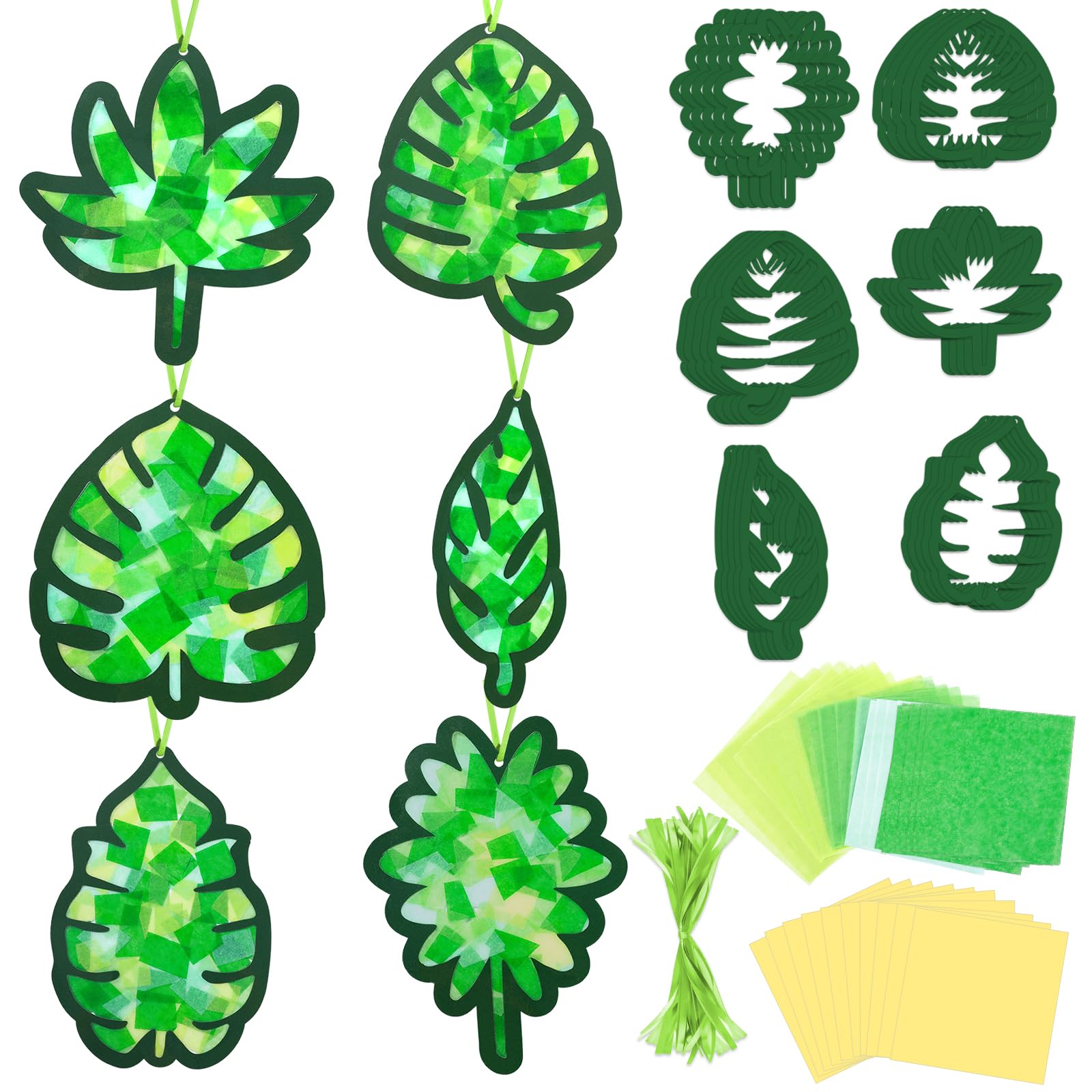Qyeahkj 36 Set Palm Sunday Suncatchers Crafts for DIY Easter Palm Leaves Window Tissue Paper Crafts Kit Green Leaf Hanging Decor for Spring Home Activity Art Project Party Favor Gift