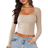 NODHUT Women's Long Sleeve Crop Top Sexy Square Neck Going Out Tops Cute Ribbed Knit Bow Knot Lace Patchwork T Shirts