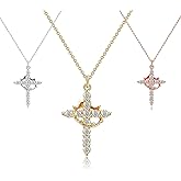 ANGEL ACCESSORIES 3 Pack Crown Cross Premium Necklace for Women - Dainty Pendant, Waterproof Non Tarnish Faith Jewelry in 14k Gold-Plated, Silver-Plated, and Rose Gold Plated