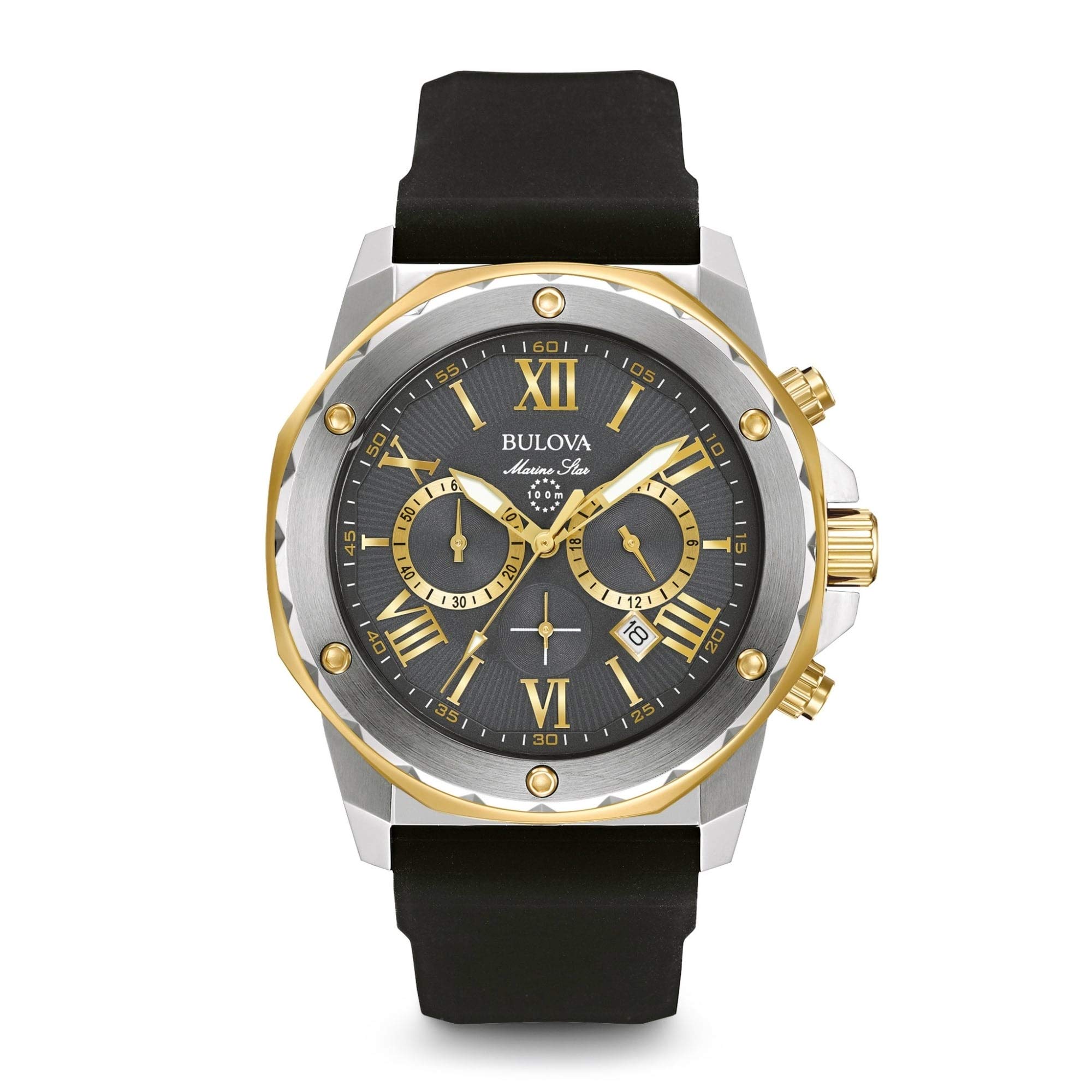 Bulova Marine Star Series A Reloj de cuarzo con cronógrafo de 6 manecillas de acero inoxidable chapado en oro de dos tonos, correa de silicona negra, 44 mm Estilo: 98B277