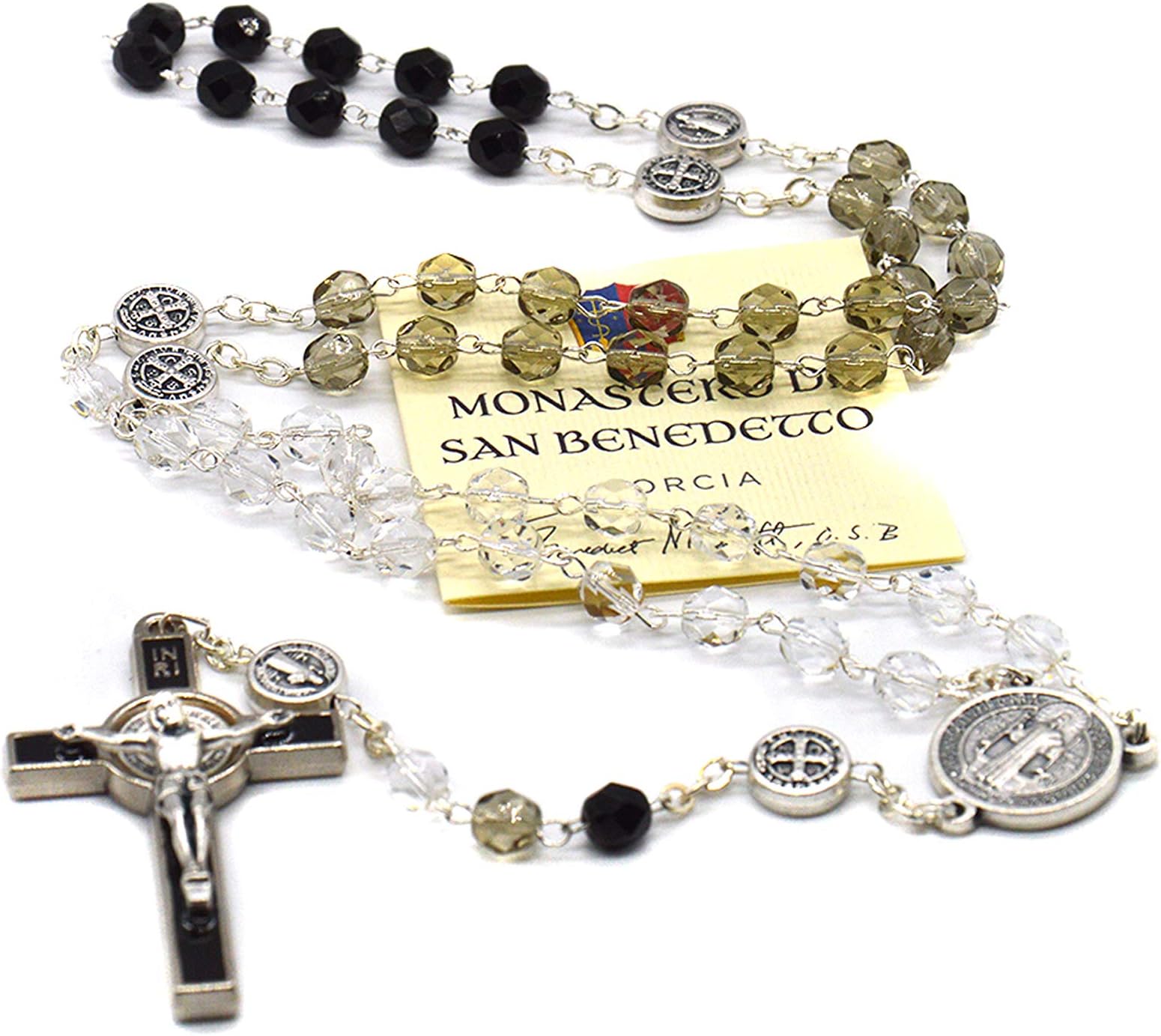 St Benedict Rosary Norcia Multicolor Glass Beads Made in Italy Boxed Silver