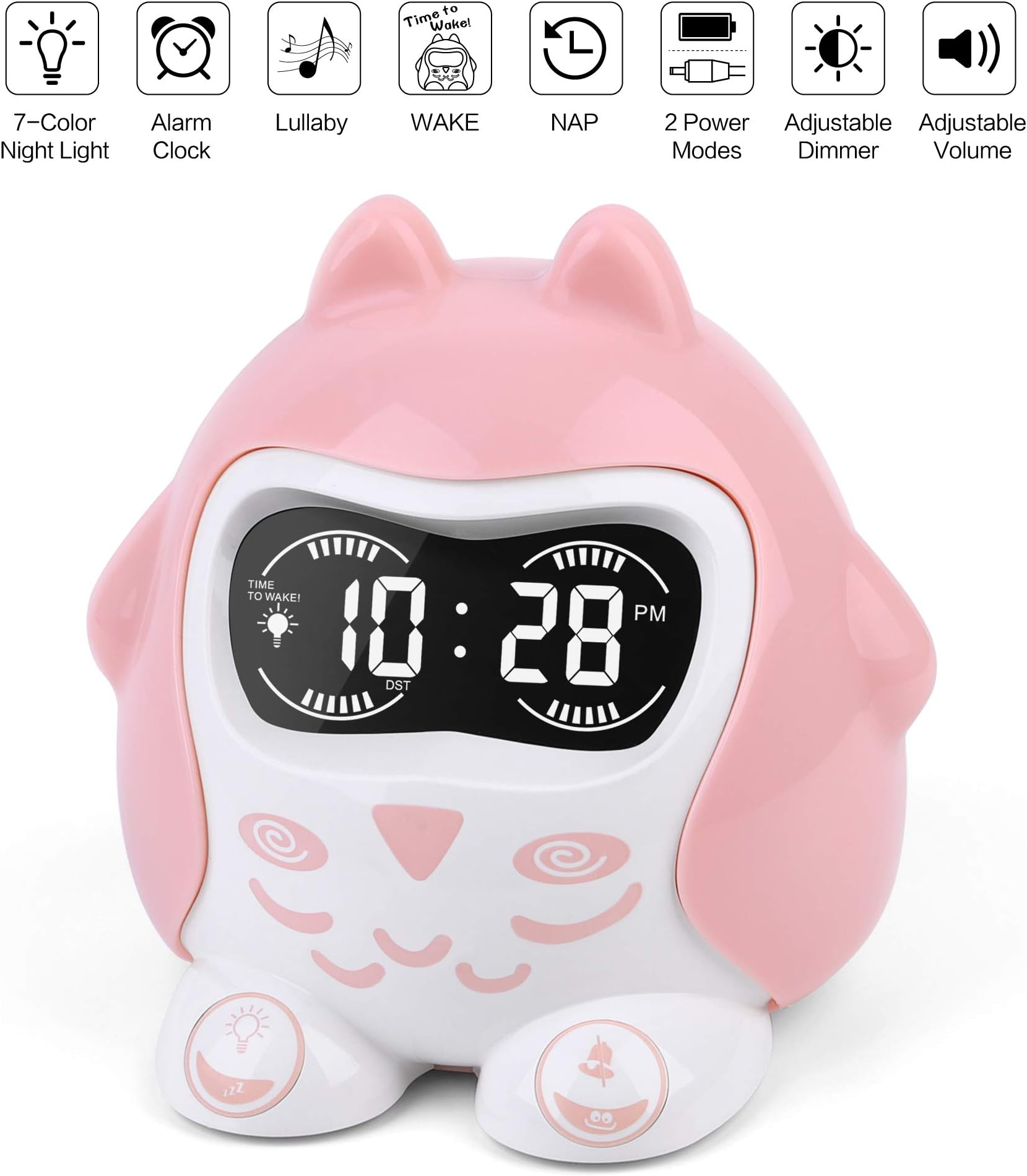 White Noise Sound Machine, Kids Sleep Trainer&Time to Wake Alarm Clock, Baby Sleep Soother with 9 Sounds&Lullabies, Portable Sound Therapy&7 Colored Night Light, Timer, NAP, Plug In Or Battery Powered