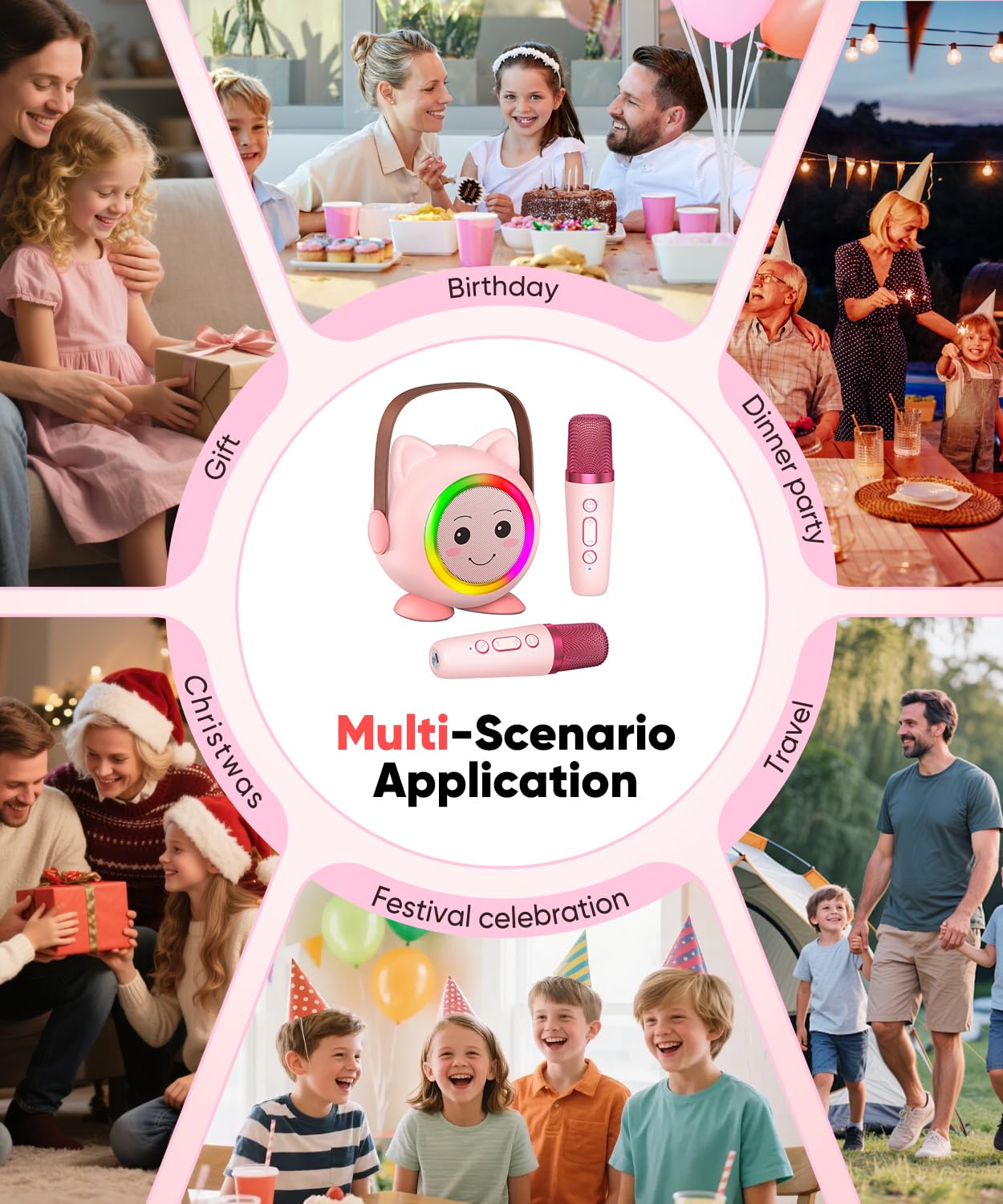 Mini Karaoke Machine Toy for Kids, Portable Karaoke Machine with 2 Wireless Microphone for 4,5,6,7,8,9,10,11,12+ Years Old Christmas Birthday Gifts Girls Boys (Pink)