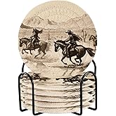 SDMKA Vintage Western Cowboy 6 Pcs Cotton & Polyester Square Coasters with Holder - Brown, 3.94 Inch Absorbent Drink Coasters